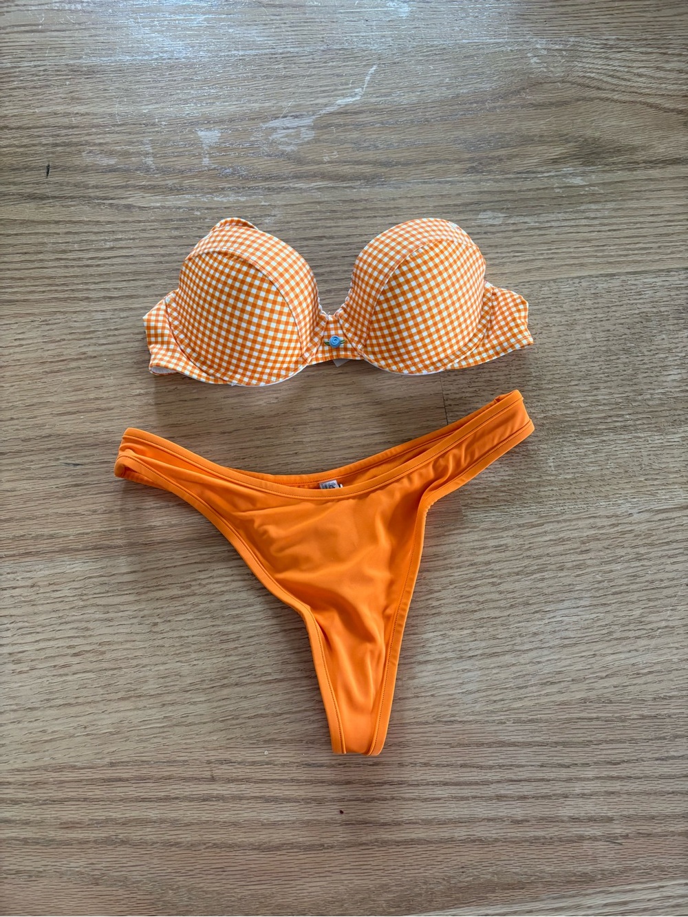 Orange Gingham Push-Up Bikini Top & Solid Orange Bottoms - Women Swim